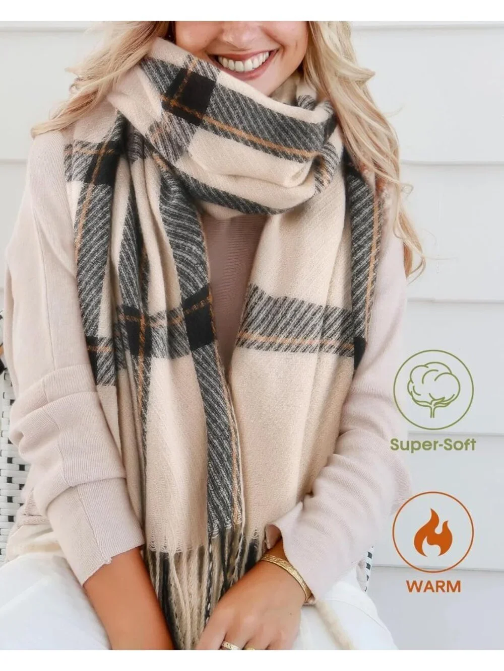 Women's Beige Shawl Soft Tassel Plaid Large Scarves Wraps Neck Scarves